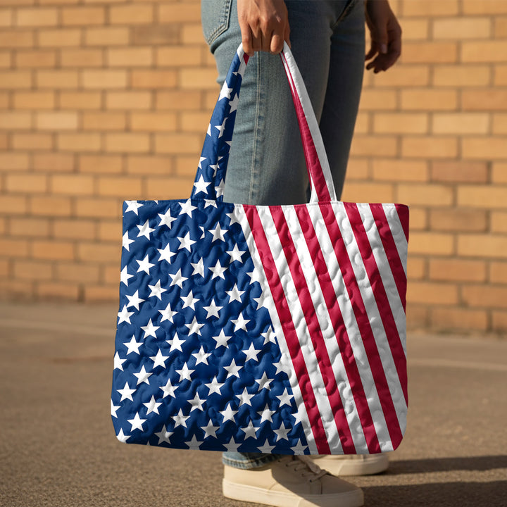 Quilted Tote Bag for Women American Flag Patriotic Handbags with Handles Travel Casual Purse for Vacation practical