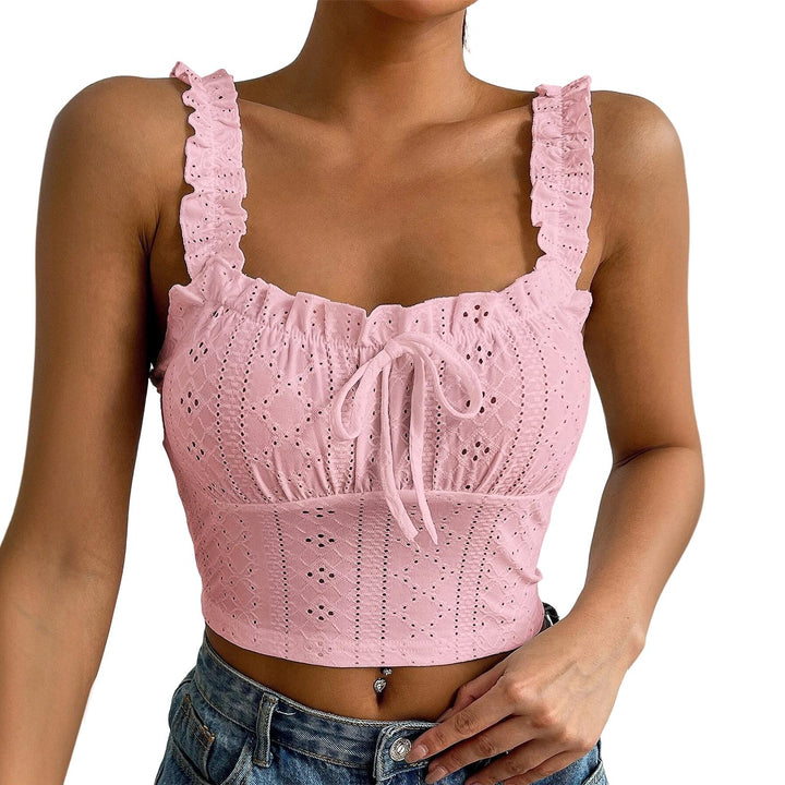Eyelet Tank Tops for Women Ruffle Ruched Sleeveless Square Neck Tie Front Bust Crop Camisole Tops for Travel excellent