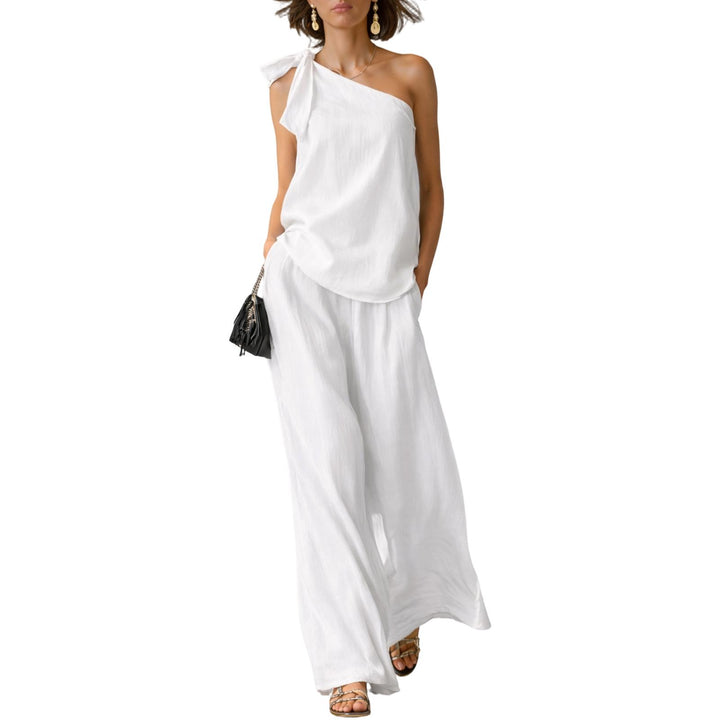 Summer Outfits for Women 2 Piece Set Off Shoulder Asymmetrical Neck Tank Tops Wide Leg Pants Set for Travel refined