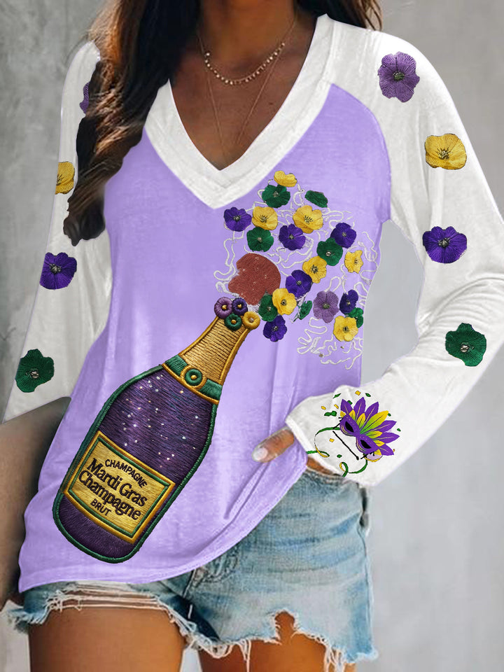 Mardi Gras Print V-Neck Long Sleeve Top