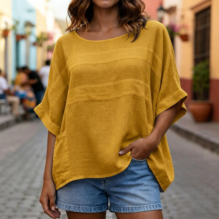 Women's Linen Shirt 3/4 Sleeve Casual Linen Tunic Blouse Crew Neck Peasant Shirts for Travel Daily Wear applied