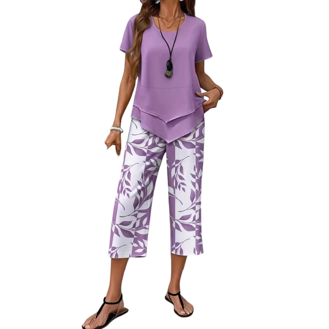 2 Piece Sets for Women Summer Crewneck Short Sleeve Shirts and Wide Leg Capri Pants Lounge Outfit for Travel gently