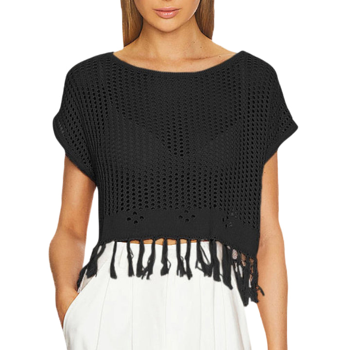 Crochet Tops for Women Tassel Hollow Out Summer Knit Top Crewneck Short Sleeve Pullover Cover Up for Travel usefulness