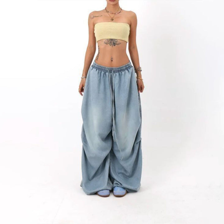 Womens Elastic Waist Jeans Low Rise Vintage Baggy Barrel Jeans Streetwear Loose Fit Denim Pants for Travel candid