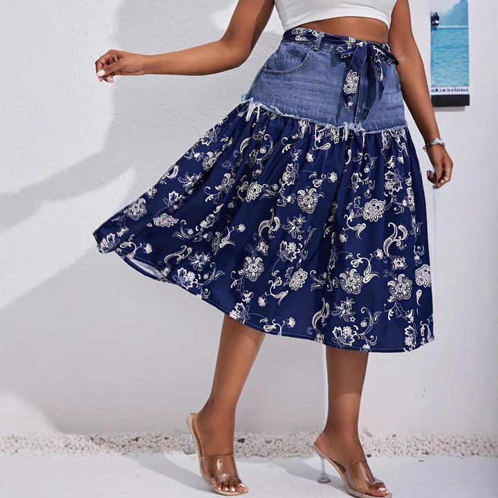Midi Denim Skirt Floral Print High Waisted A Line Denim Chiffon Splicing Flowy Skirt for Dating Vacation beautifully