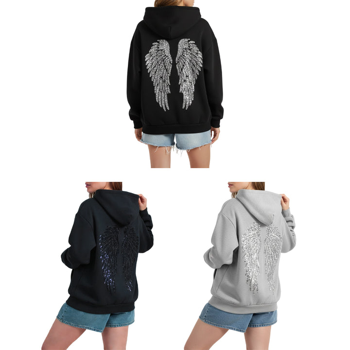 Angel Wings Hoodie Women Sequin Glitter Casual Oversized Long Sleeve Pullover Hoodies Trendy Tops for Travel here