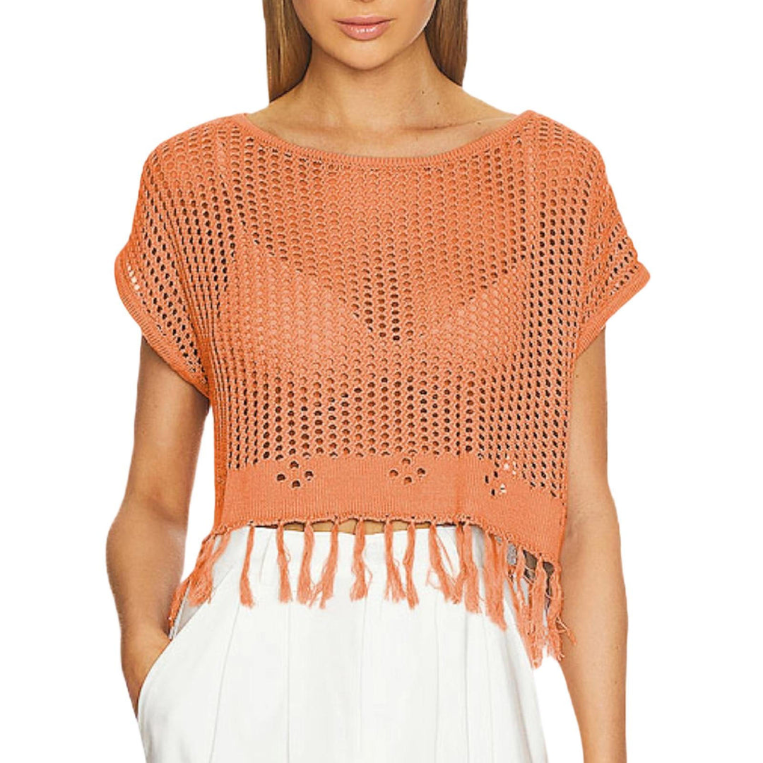 Crochet Tops for Women Tassel Hollow Out Summer Knit Top Crewneck Short Sleeve Pullover Cover Up for Travel usefulness
