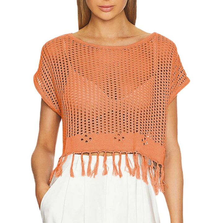 Crochet Tops for Women Tassel Hollow Out Summer Knit Top Crewneck Short Sleeve Pullover Cover Up for Travel usefulness