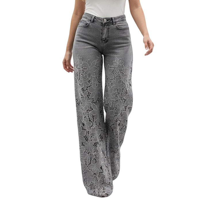 Lace Jeans for Women Hollow Lace Spliced High Waisted Fashion Jeans Loose Fit Denim Pants for Daily Wear exceptional