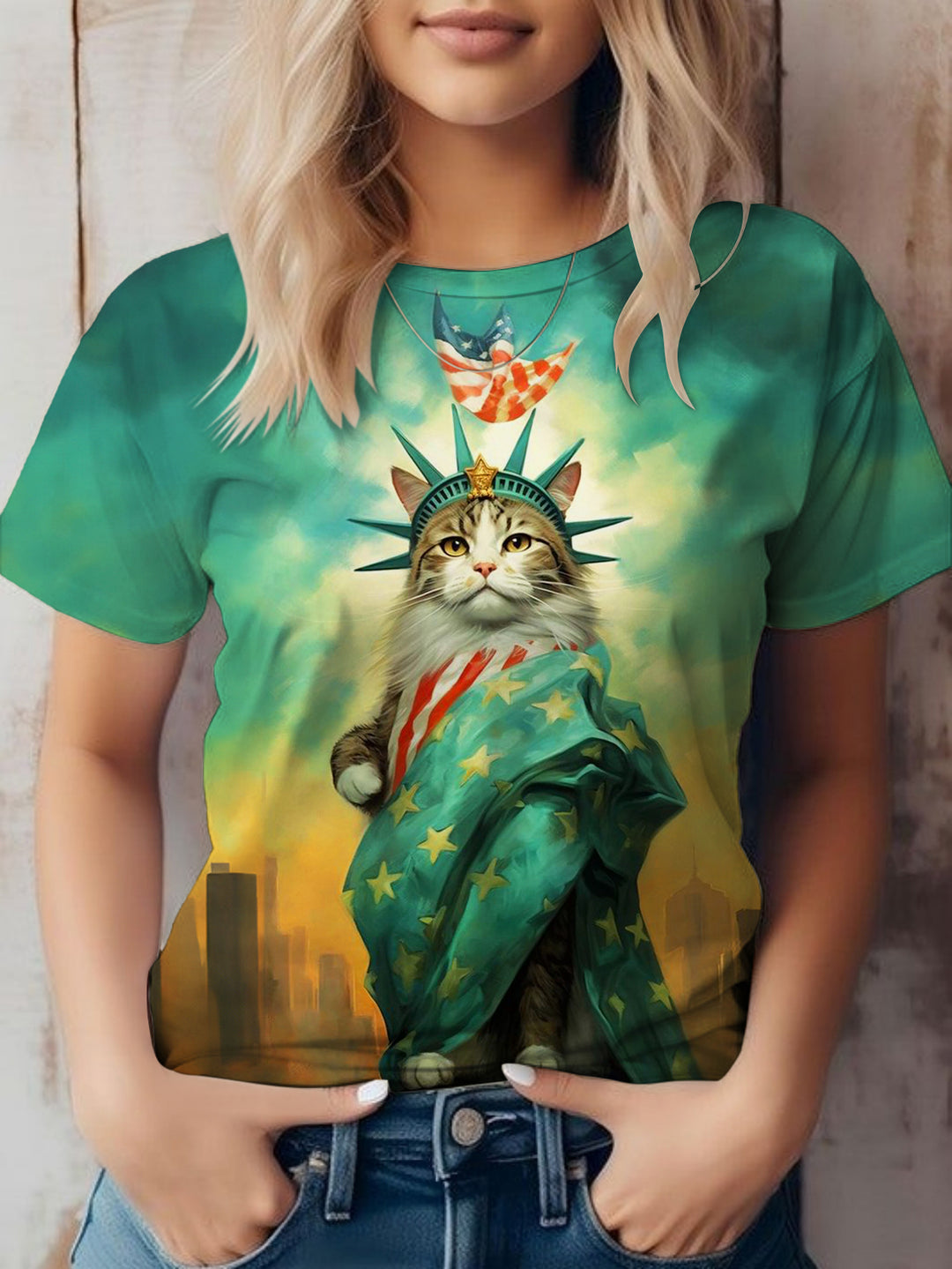 Statue Of Liberty Cat Crew Neck T-shirt