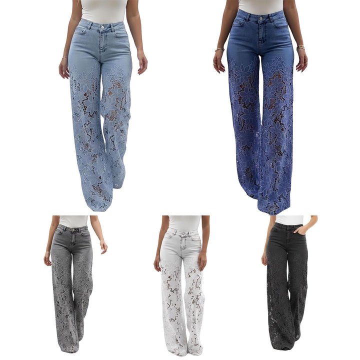 Lace Jeans for Women Hollow Lace Spliced High Waisted Fashion Jeans Loose Fit Denim Pants for Daily Wear exceptional