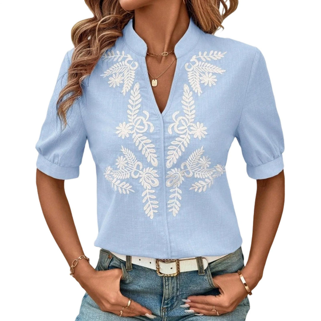Embroidered Blouses for Women V Neck Floral Embroidered Top Short Sleeve Blouses Fashion Clothes for Travel generous