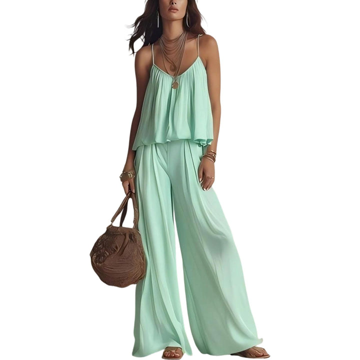 Womens Two Piece Sets Summer Spaghetti Strap Solid Color Bustier Wide Leg Pant Going Out Clothes for Party heathly