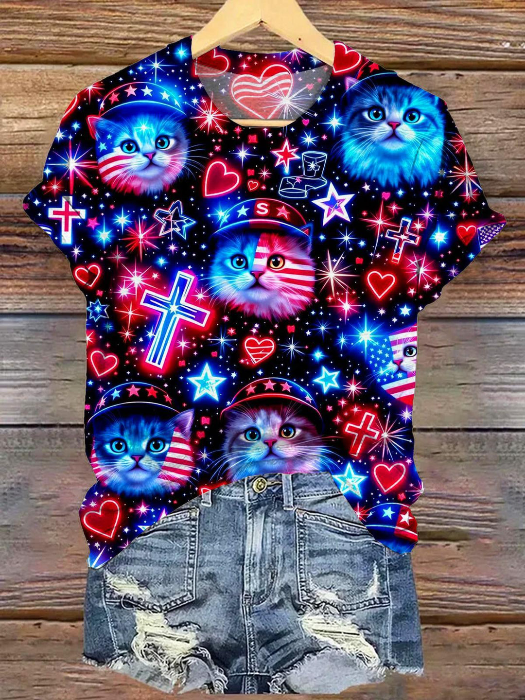 Women's Colorful Cross Cat Flag Crewneck Short-Sleeved T-shirt