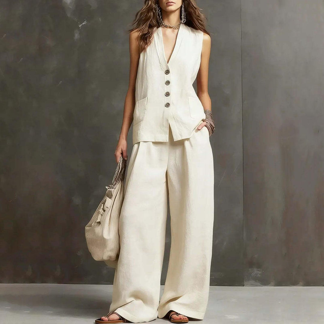 Womens Vest and Pants Set Two Piece Button Down Vest Top and Wide Leg Pants Casual Outfits for Work Travel ideal