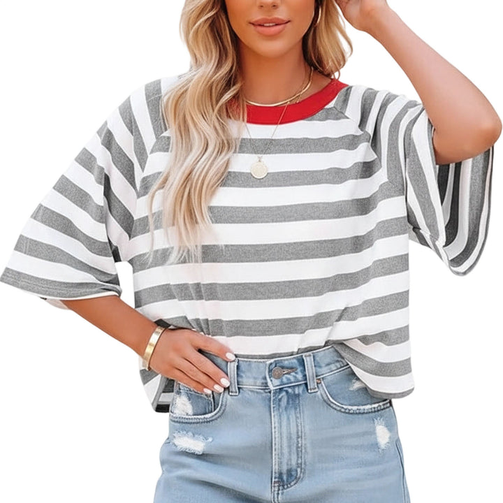Striped Shirt Women Crew Neck Fashion Casual T Shirts Loose Fit Basic Tops for Travel Going Out Commuting approving