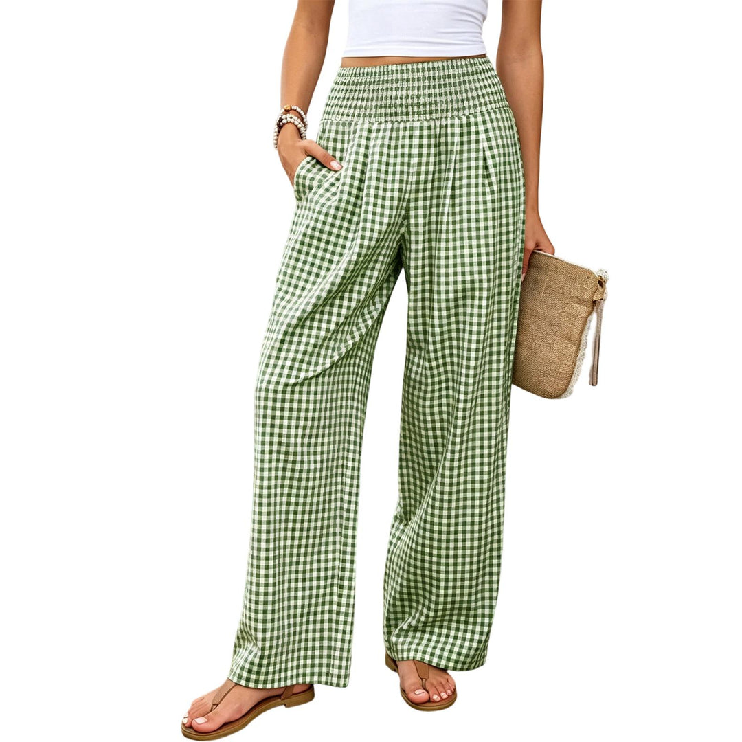 Women Gingham Pants Smocked Waist Plaid Pajama Lounge Pants Wide Leg Trousers with Pocket for Daily Wear gently