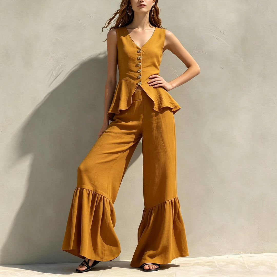 Women Two Piece Outfits Sets V Neck Sleeveless Peplum Top and Ruffle Flare Leg Pants Set for Dating Travel astonishing