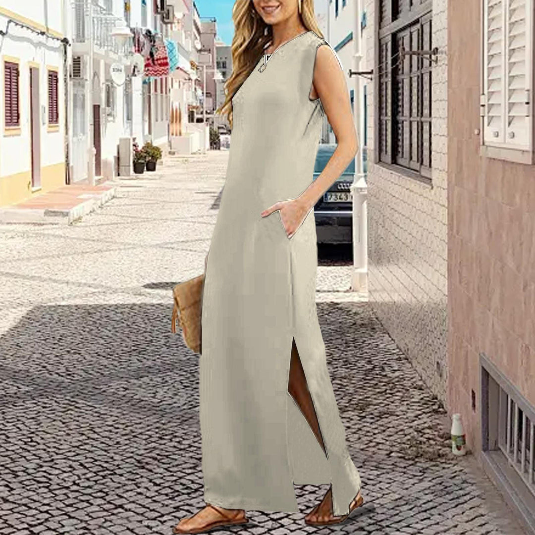 Tank Maxi Dress Sleeveless Solid Color Maxi Dress Loose Fit Side Slit Sundress for Fashionable Daily Wear Vacation Dating classy