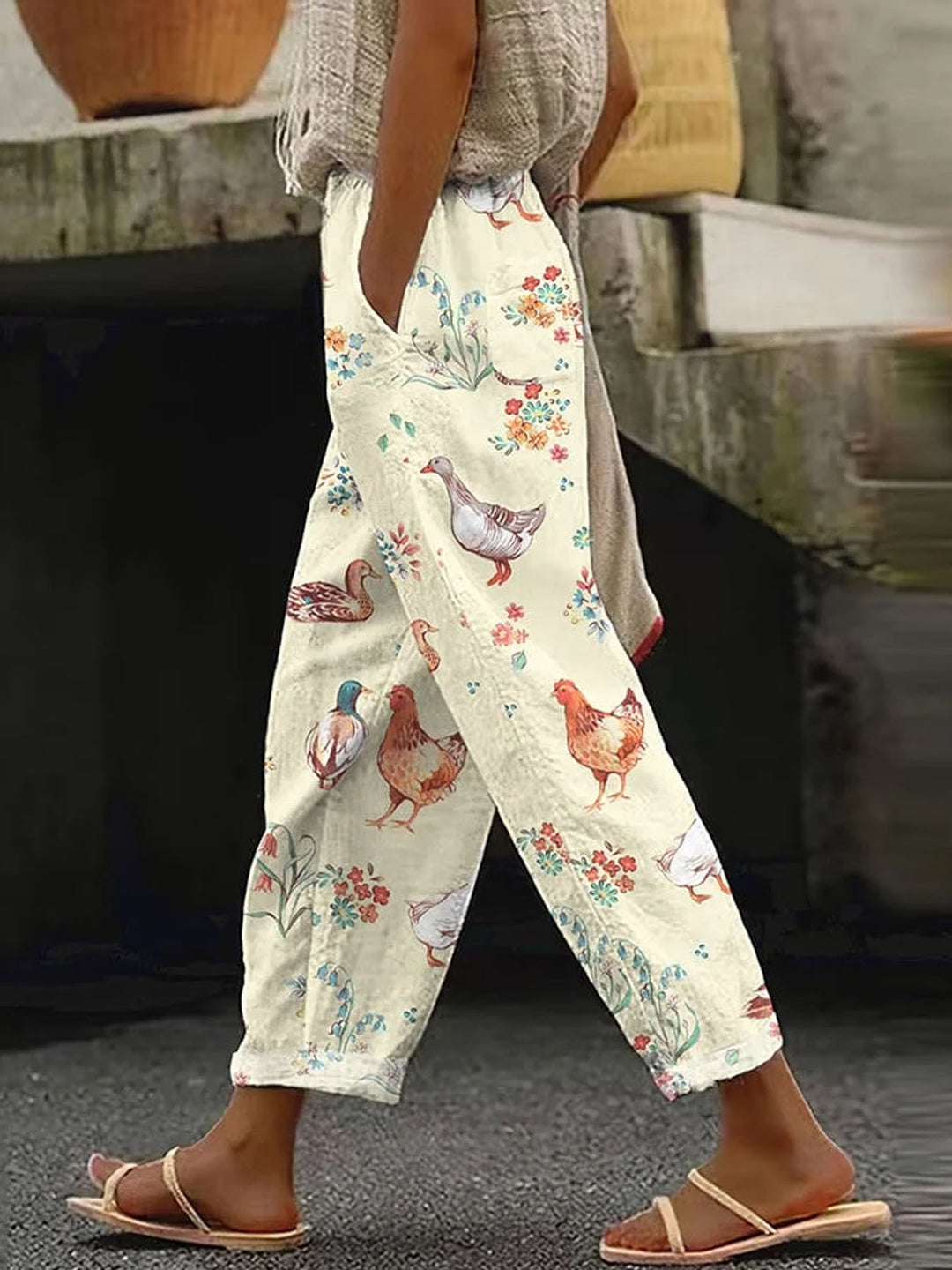 Vintage Animal Farm Flowers Women Pants With Pockets