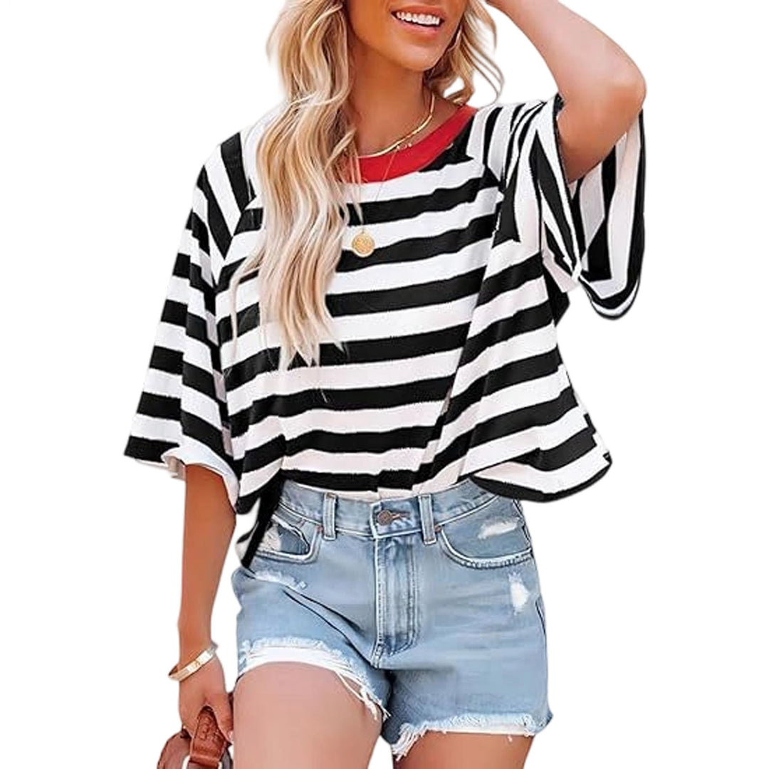 Striped Shirt Women Crew Neck Fashion Casual T Shirts Loose Fit Basic Tops for Travel Going Out Commuting approving