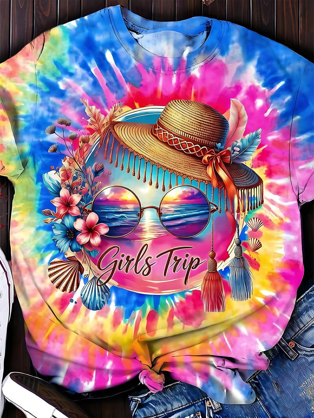 Colorful Tie-Dye Girlfriends Travel Women's Short Sleeve Crew Neck T-shirt