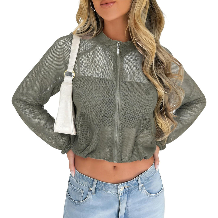 Sheer Mesh Jacket Women Mock Neck Lightweight Casual Zip Up Crop Jacket Summer Athletic Outerwear for Yoga boosted