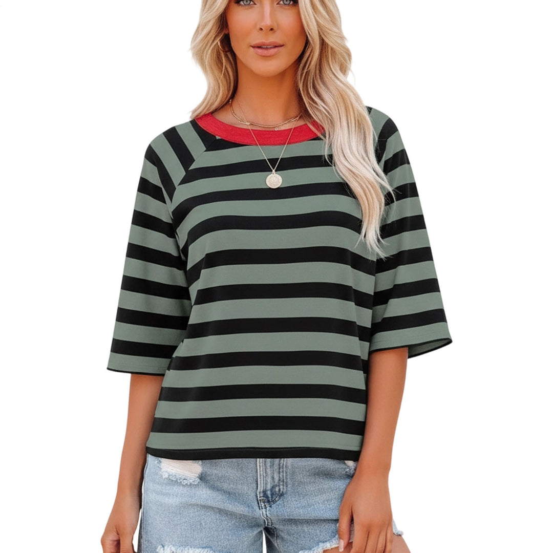 Striped Shirt Women Crew Neck Fashion Casual T Shirts Loose Fit Basic Tops for Travel Going Out Commuting approving