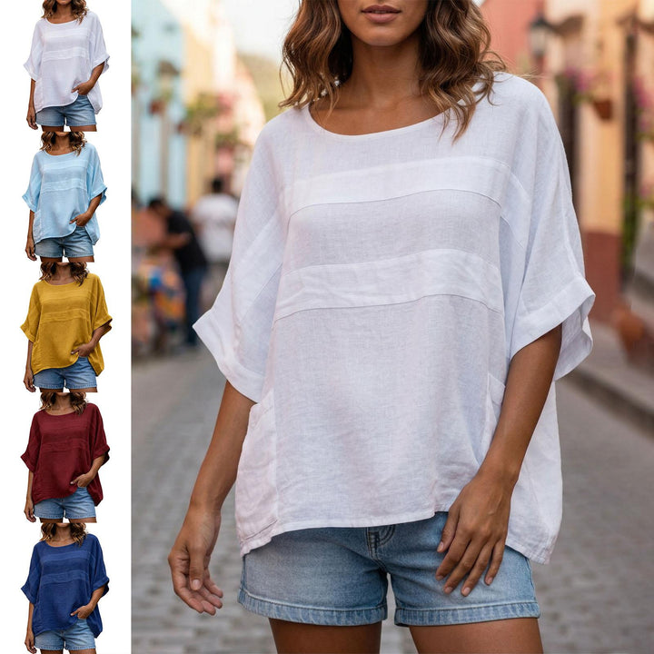 Women's Linen Shirt 3/4 Sleeve Casual Linen Tunic Blouse Crew Neck Peasant Shirts for Travel Daily Wear applied