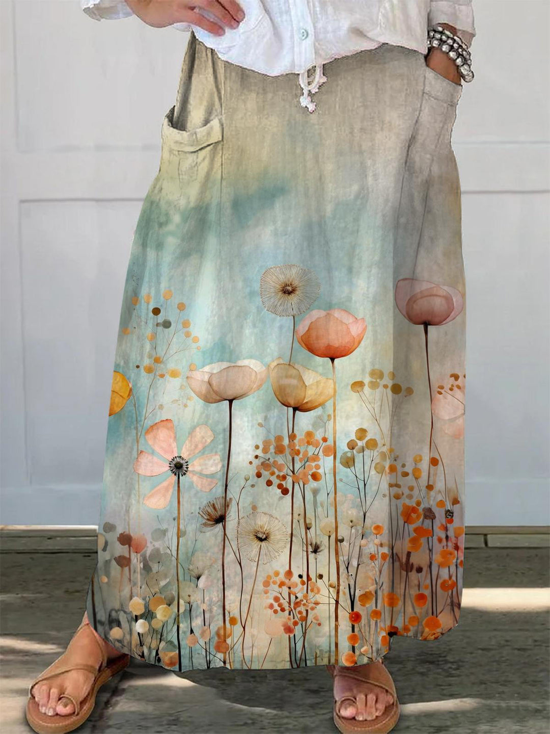 Watercolor Wildflower Print Side Pockets Skirt