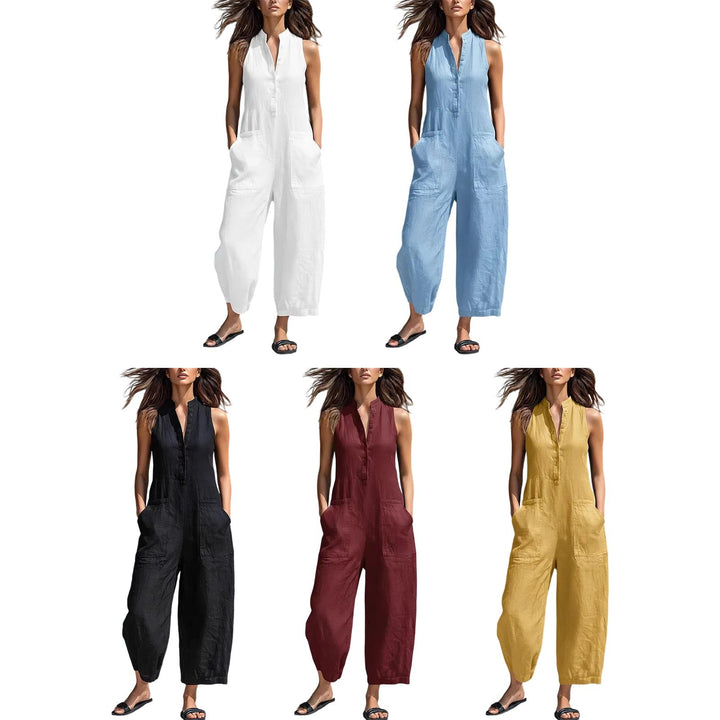 Sleeveless Jumpsuits for Women Button Front Stand Collar Sleeveless Loose Wide Leg Jumpsuit for Vacation classical