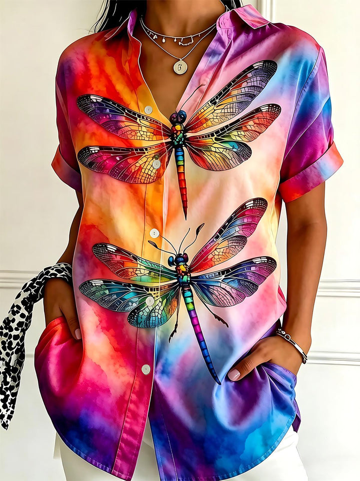 Gradient Colorful Tie Dye Dragonfly Women's Short Sleeve Shirts
