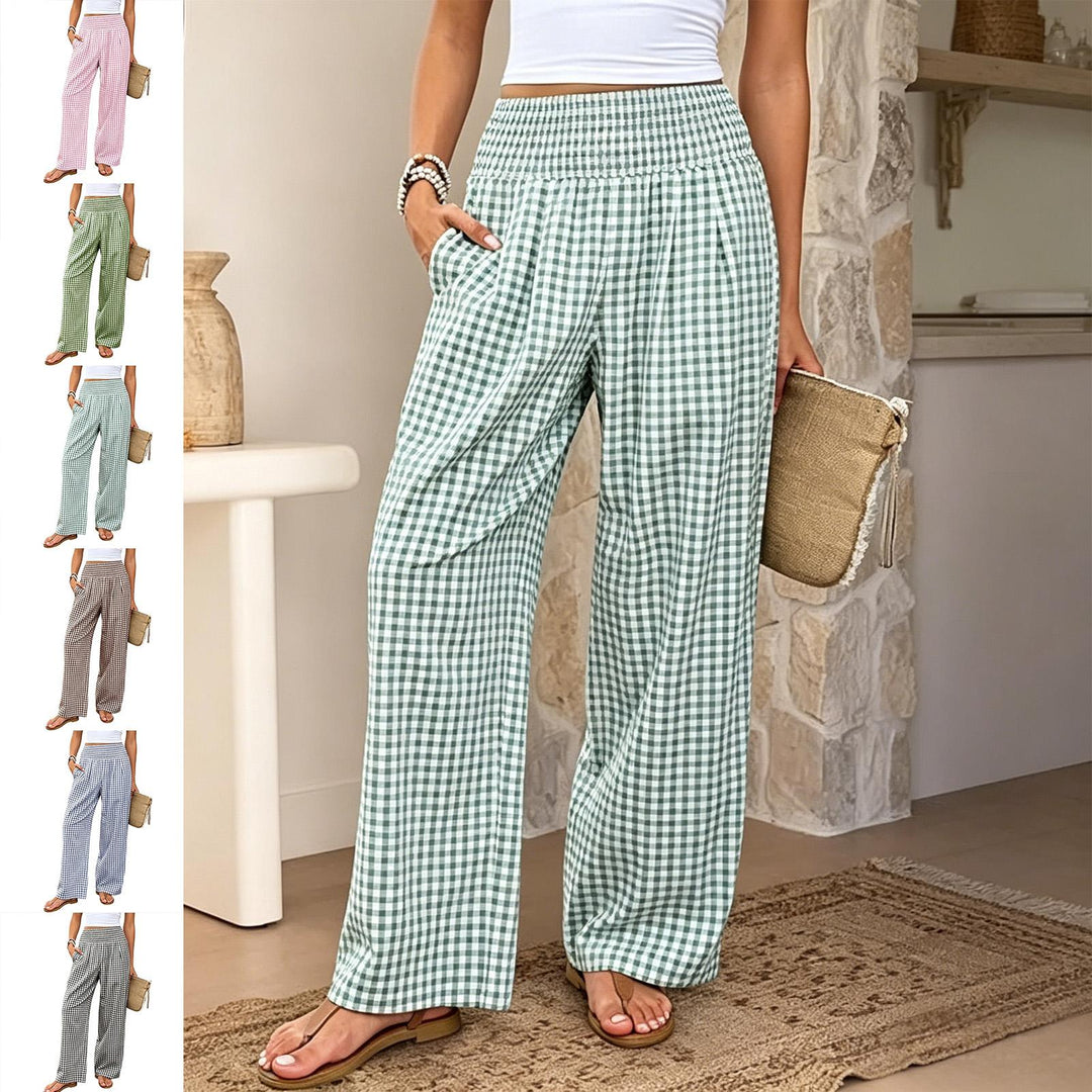 Women Gingham Pants Smocked Waist Plaid Pajama Lounge Pants Wide Leg Trousers with Pocket for Daily Wear gently