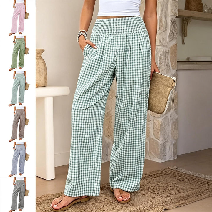 Women Gingham Pants Smocked Waist Plaid Pajama Lounge Pants Wide Leg Trousers with Pocket for Daily Wear gently