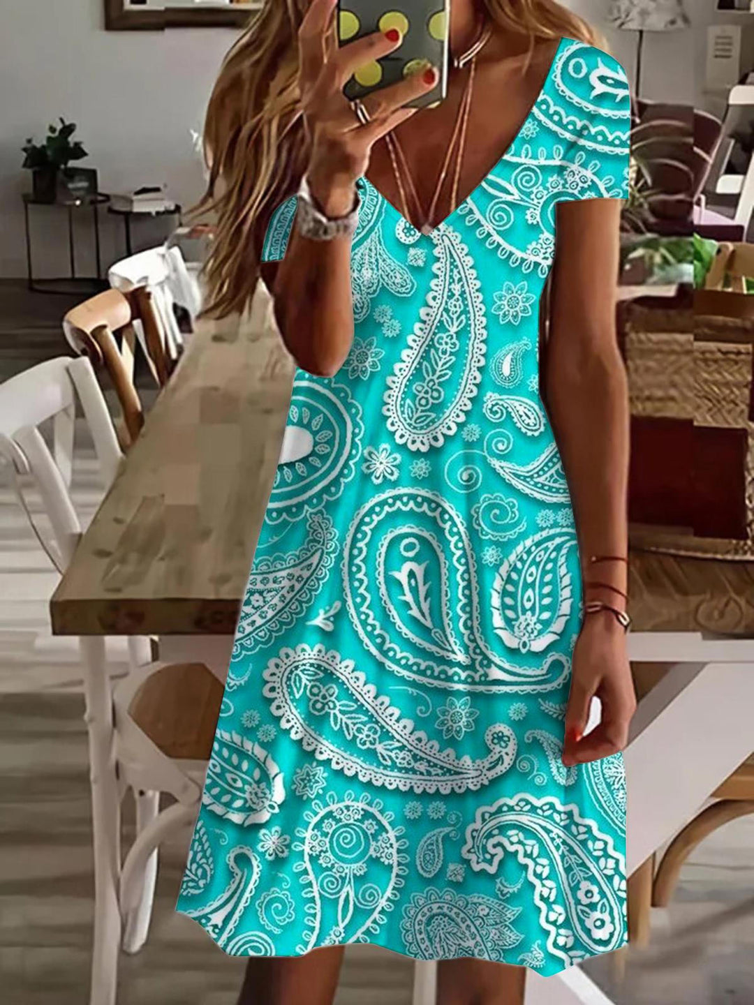 Mint Mambo Paisley V Neck Short Sleeve Dress