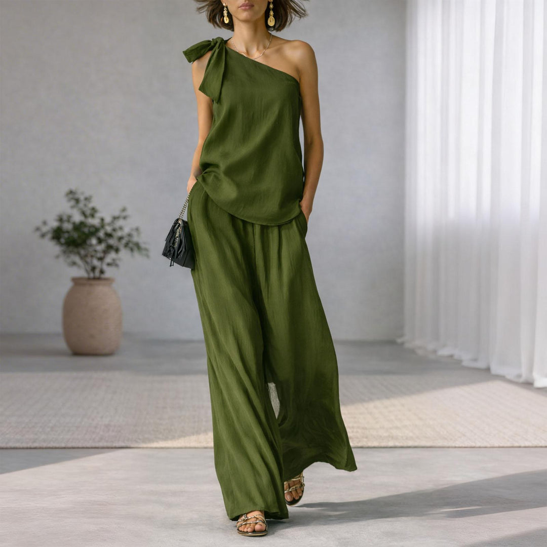Summer Outfits for Women 2 Piece Set Off Shoulder Asymmetrical Neck Tank Tops Wide Leg Pants Set for Travel refined