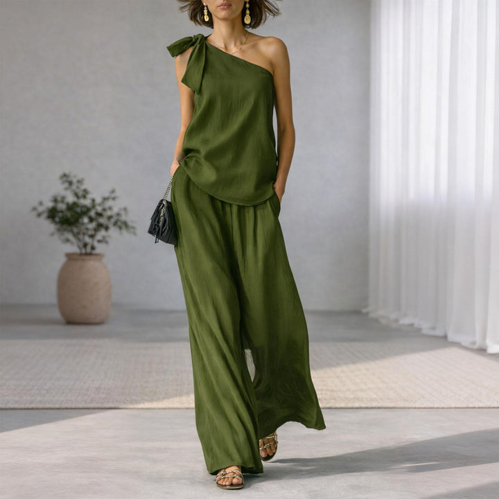 Summer Outfits for Women 2 Piece Set Off Shoulder Asymmetrical Neck Tank Tops Wide Leg Pants Set for Travel refined