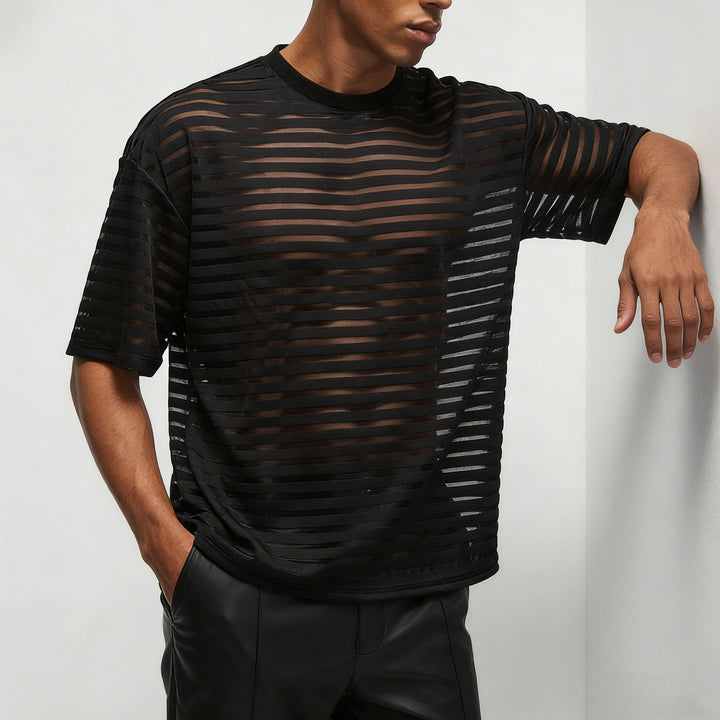 Sheer Shirt Men Striped Short Sleeve Crewneck T Shirts See Through Party Tops for Going Out Dating Travel enjoyment