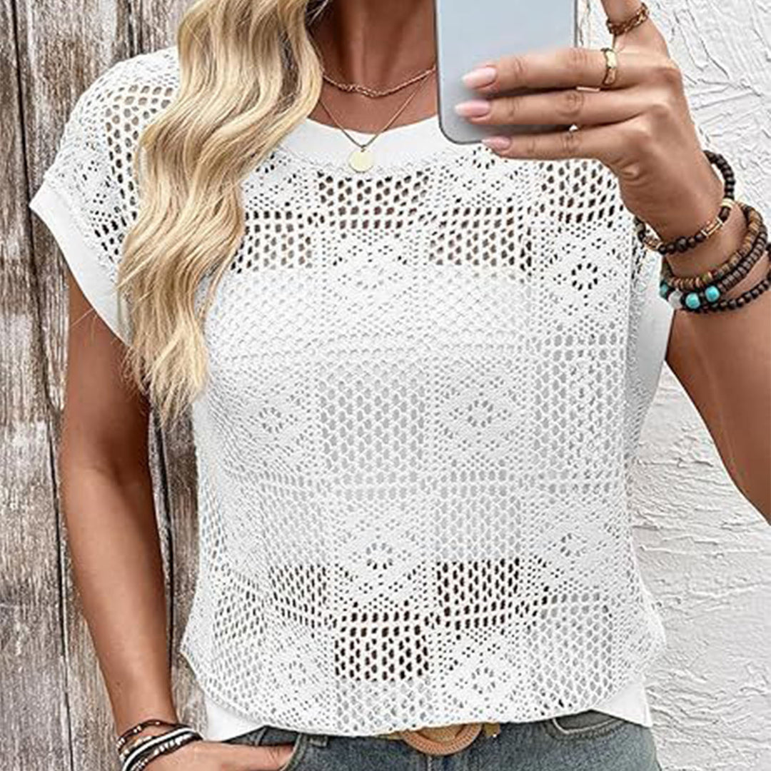 Crochet Top Cap Sleeve Hollow Out Blouse Lightweight Beach Vacation Clothes for Daily Wear Dating Travel dependable