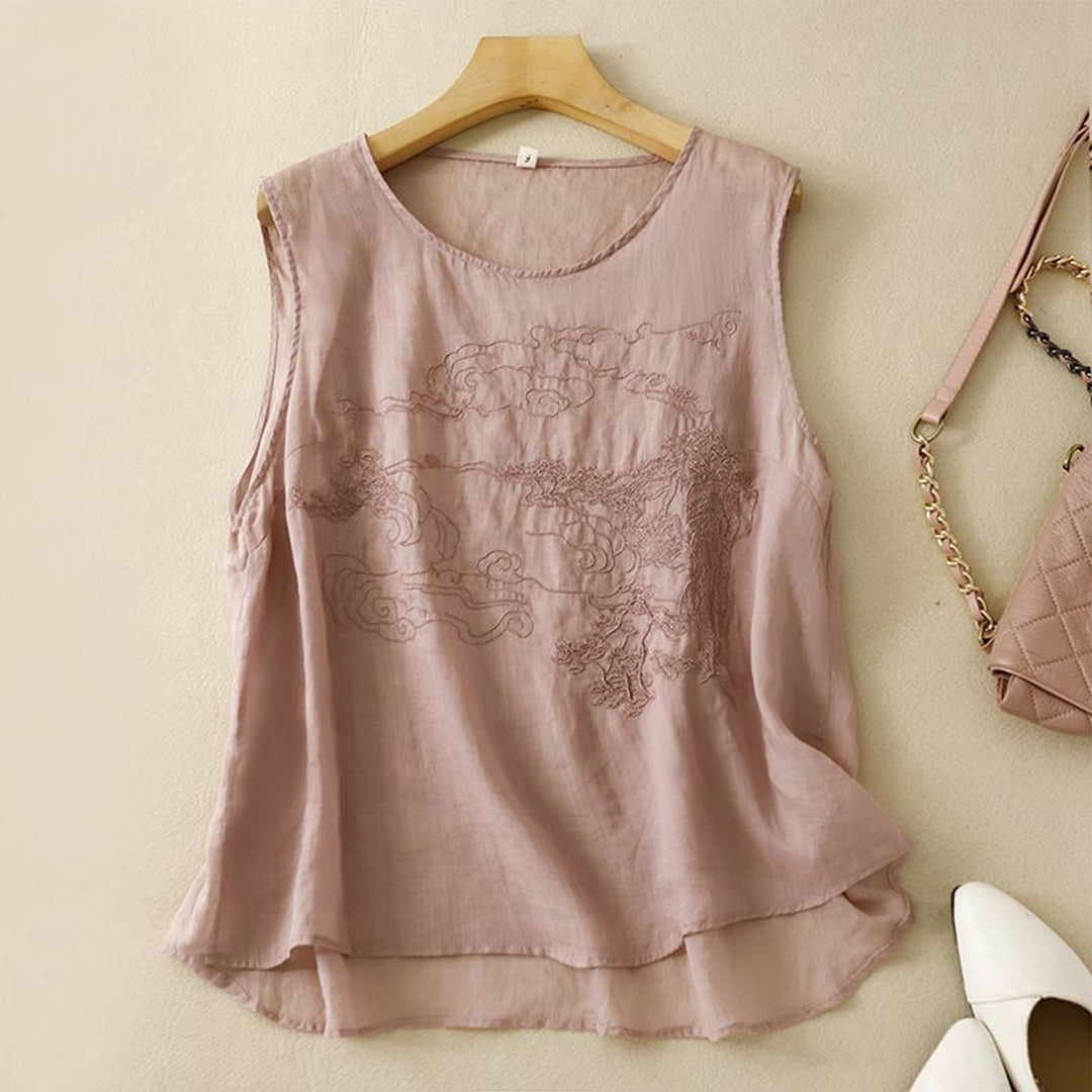 Embroidered Sleeveless Tops for Women Embroidered Summer Sleeveless Shirts Loose Fit Tank Tops for Vacation gifts
