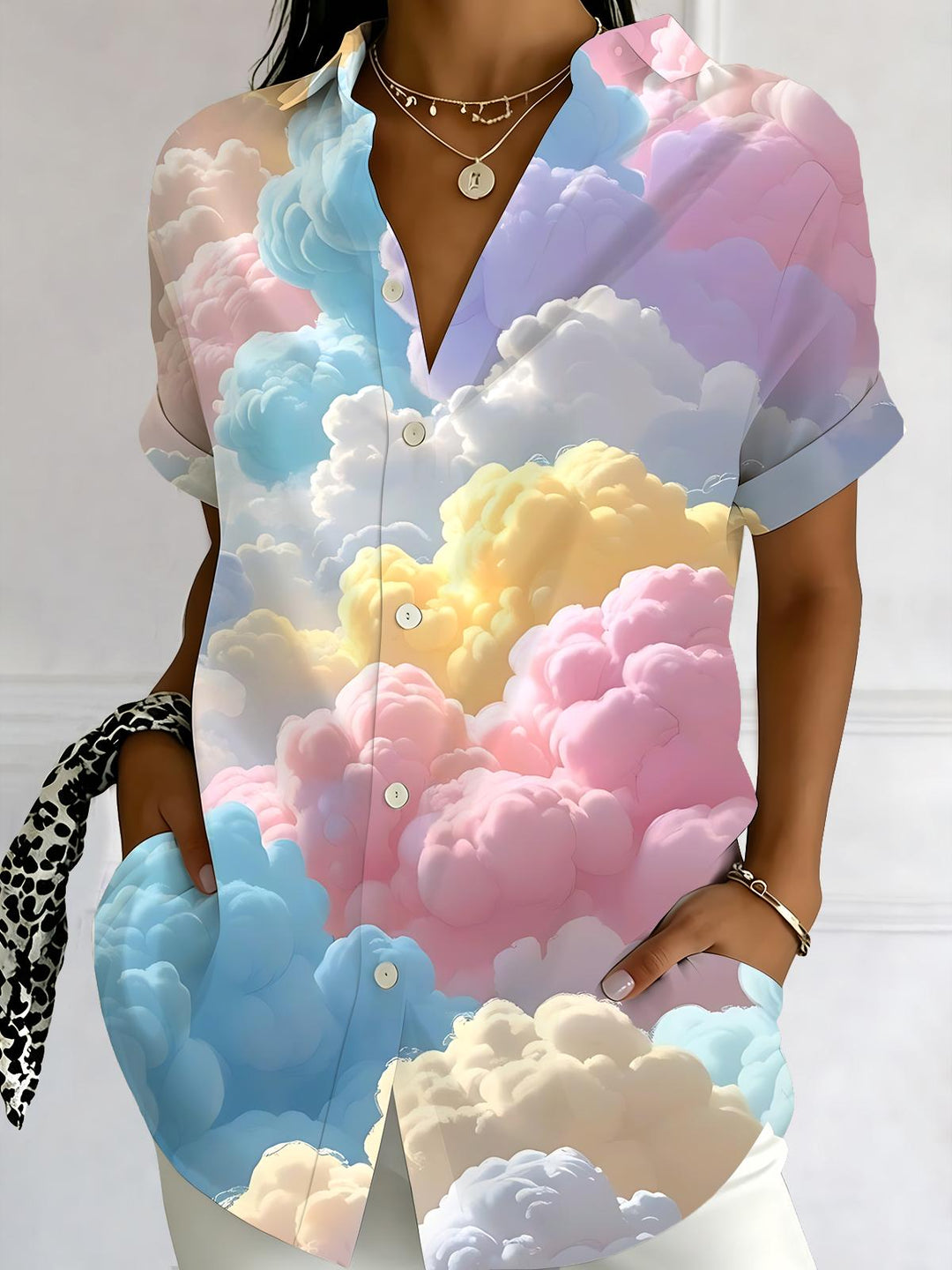 Colorful Cloud Print Women's Short Sleeve Shirts