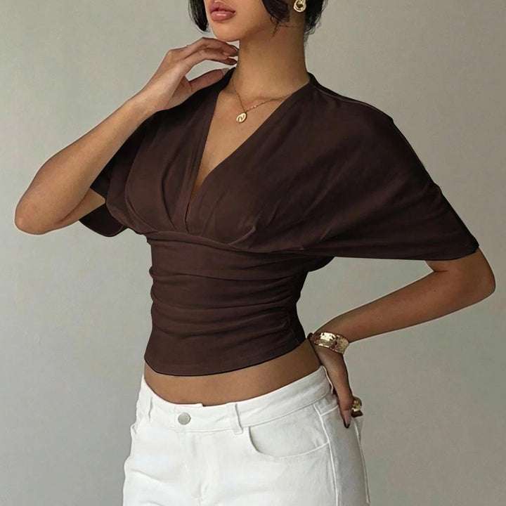 Cinch Waist Tops for Women Ruched Deep V Neck Crop Tops Sexy Summer T Shirts Short Sleeve for Travel Dating original