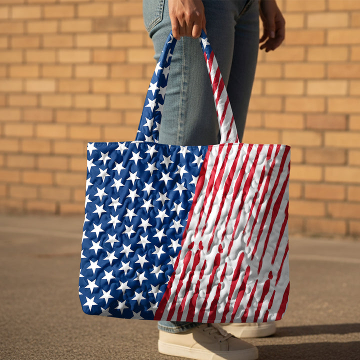Quilted Tote Bag for Women American Flag Patriotic Handbags with Handles Travel Casual Purse for Vacation practical