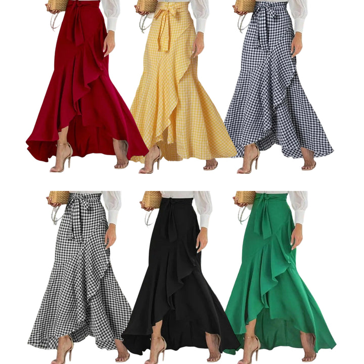 Long Plaid Skirt Mermaid A Line Women High Waist Flowy Ruffle High Low Skirts Waist Tie Clothes Daily Wear capable