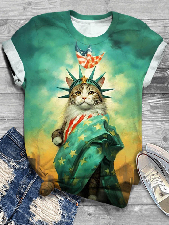 Statue Of Liberty Cat Crew Neck T-shirt