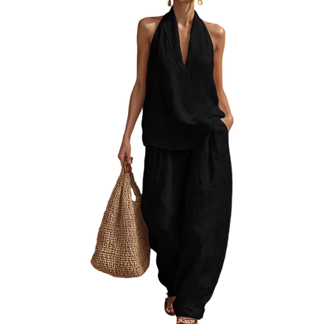 Summer Outfits for Women 2 Piece Set Deep V Neck Sleeveless Loose Fit Halter Top and Wide Leg Pants for Beach classical
