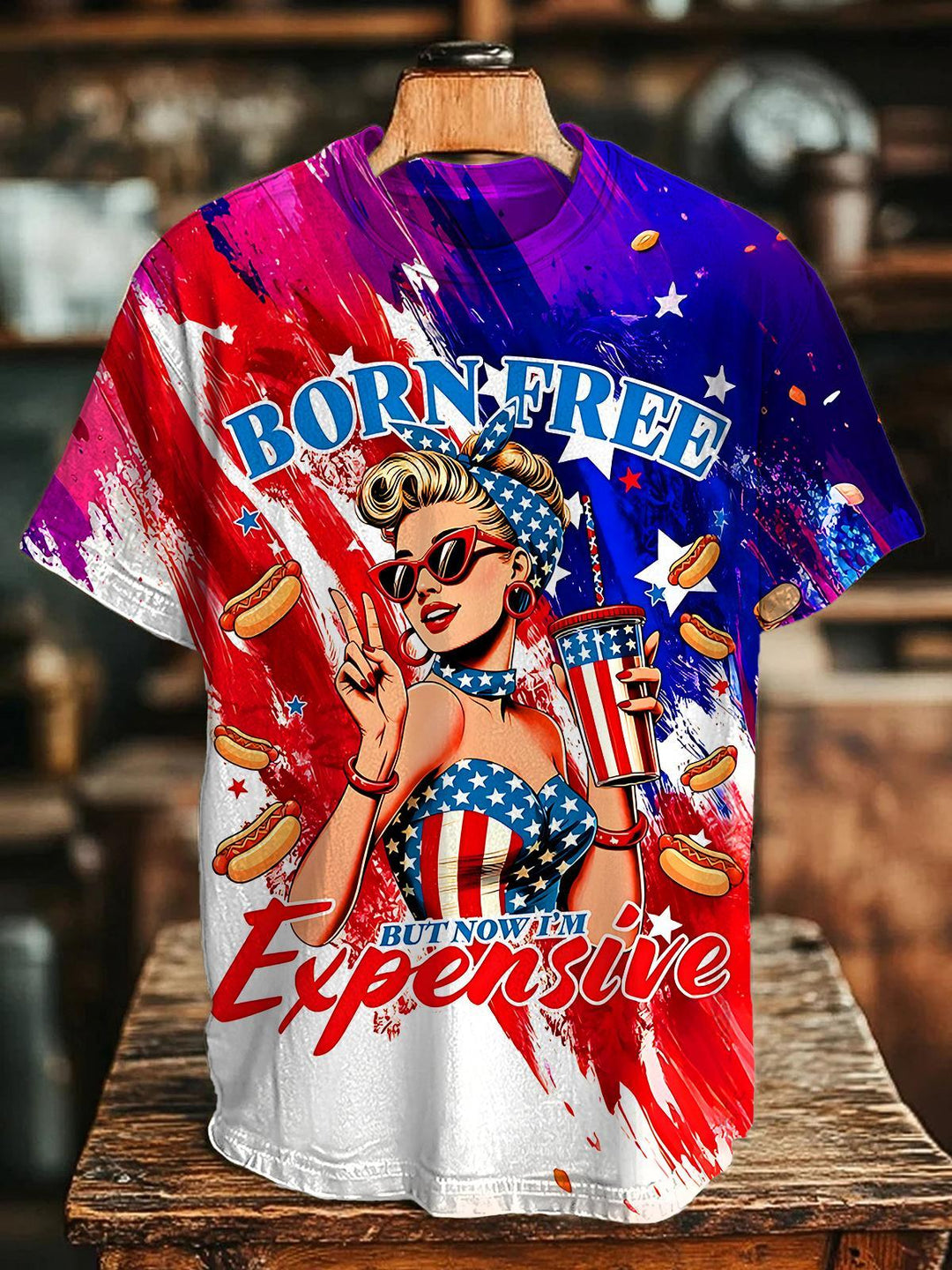 American Retro Independence Day Fun Girl Hot Dogs Tie-Dye Women's Short Sleeve Crew Neck T-shirt
