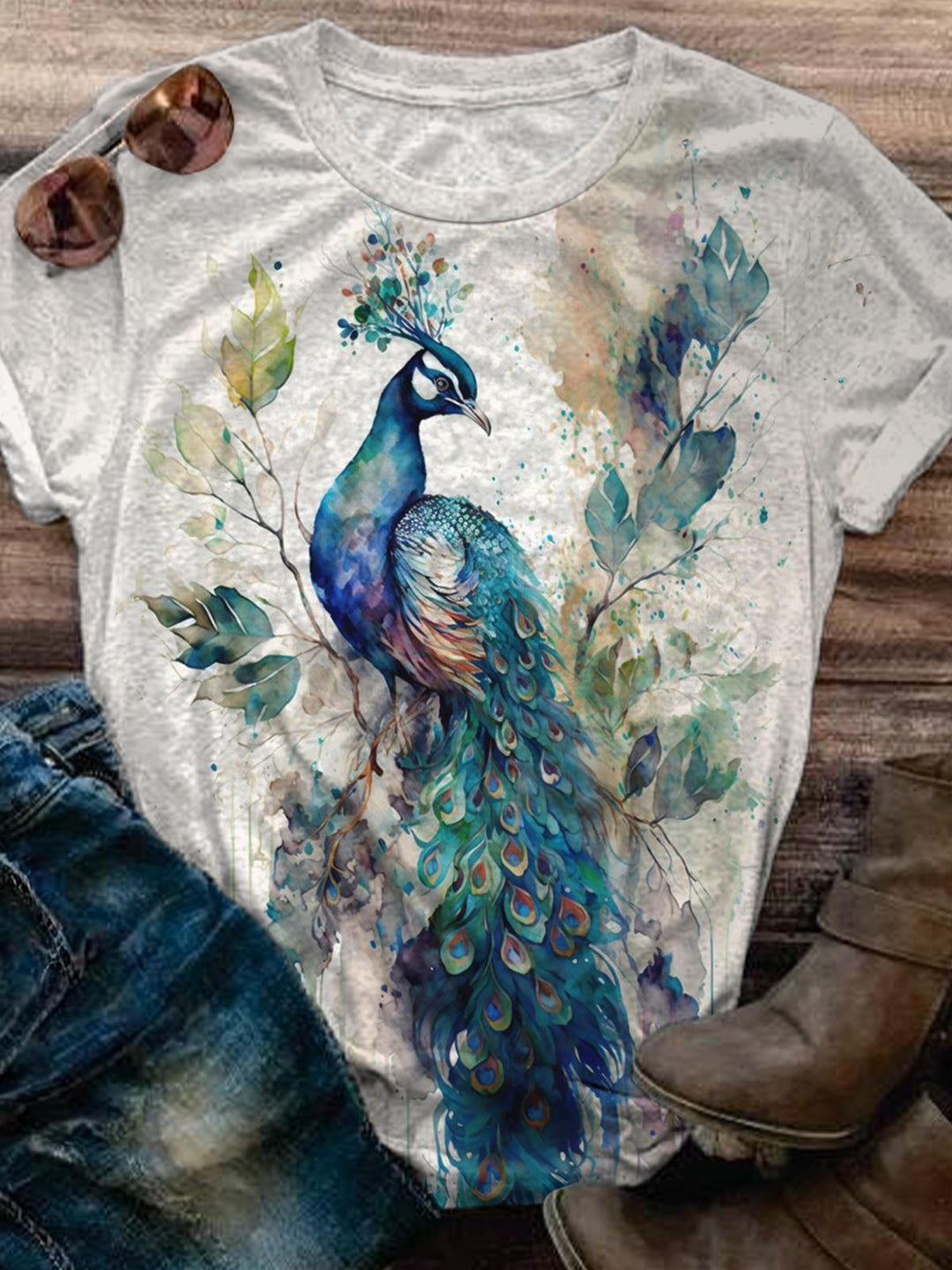 Vintage Peacock Print Crew Neck T-shirt