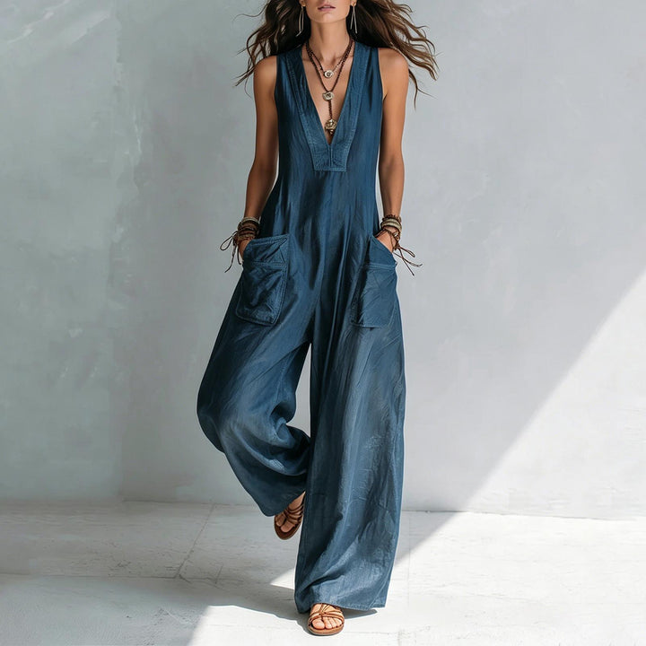 Wide Leg Jumpsuit for Women V Neck Summer Sleeveless Jumpsuits Long Overalls with Pockets for Streetwear gaudily