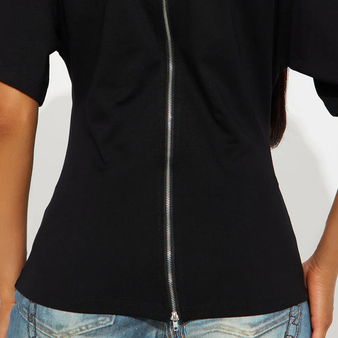 Zipper Back Shirt for Women Back Zipper Crewneck Short Sleeve Cinched Waist Top for Daily Wear Vacation method